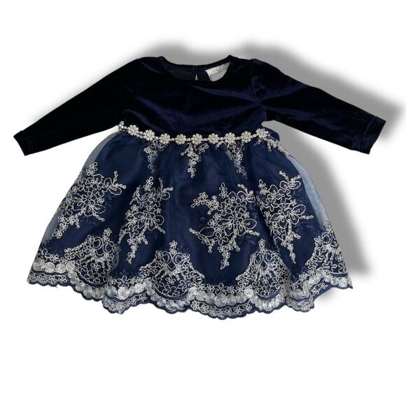 Rare Editions Navy Blue Velvet Lace Rhinestone Dress Bottom Set Girls 6-9 Months - Picture 2 of 13